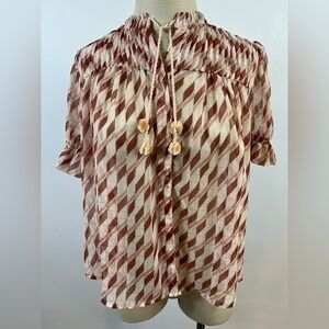 Elizabeth Cosby Sheer Geometric Print Blouse Cream Brown Size XS